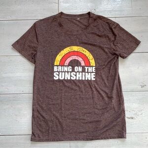 Brown Graphic ‘Bring on the Sunshine’ Women’s T-Shirt with Rainbow Print Size S